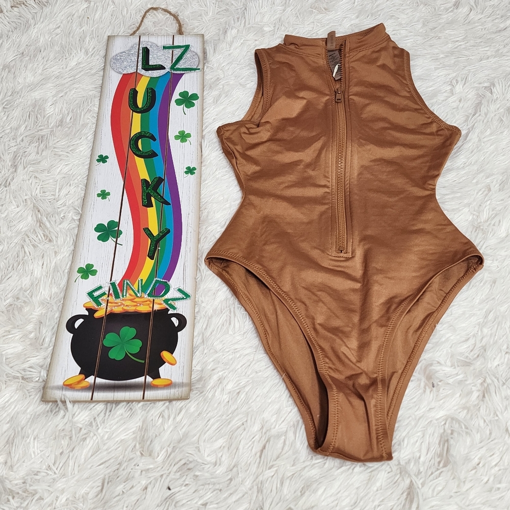 SKIMS SWIM ZIP FRONT SLEEVELESS ONE PIECE/ ALMOND/ NWT